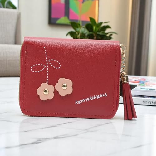 1Pcs Pouch for Money Short Floral Card Wallet PU Leather Burgundy 11x9cm
