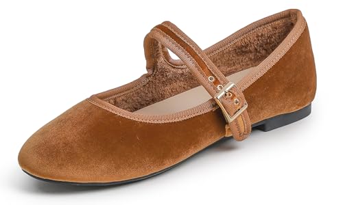 Image of Feversole Women's Soft Cushion Extra Padded Comfort Round Toe Mary Jane Metal Buckle Fashion Ballet Flats Walking Shoes Camel Velvet Short Plush Lining UK Size 5.5