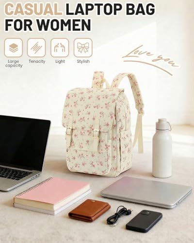 Image of Corduroy Laptop Backpack for Women, Fits 15.6 Inch Computer Bag, College High School Bookbag Travel Daypack Purse, Work Business Bags - Beige Corduroy Floral Pink