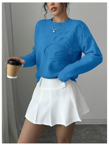 Image of RoseSeek Women's 3D Floral Appliques Crewneck Sweaters Long Sleeve Drop Shoulder Pullovers Elegant Knit Tops