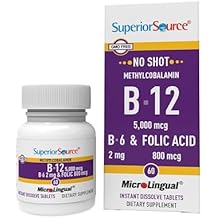 Superior Source No Shot Vitamin B12 Methylcobalamin 5000 mcg, B6, Folic Acid, Quick Dissolve Sublingual Tablets, 60 Ct, Increase Energy, Healthy Heart, Boost Metabolism, Stress Support, Non-GMO