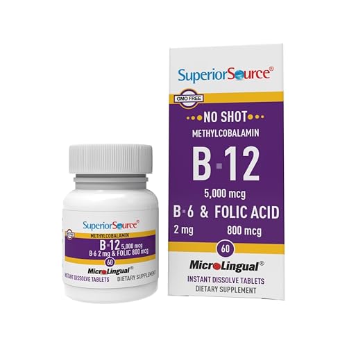 Superior Source No Shot Vitamin B12 Methylcobalamin (5000 mcg), B6, Folic Acid, Quick Dissolve Sublingual Tablets, 60 Ct, Increase Energy, Healthy Heart, Boost Metabolism, Stress Support, Non-GMO Superior Source No Shot Vitamin B12 Methylcobalamin (5000 mcg), B6, Folic Acid, Quick Dissolve Sublingual Tablets, 60 Ct, Increase Energy, Healthy Heart, Boost Metabolism, Stress Support, Non-GMO