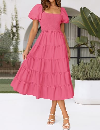 Image of ZESICA Women's 2026 Summer Puff Sleeve Midi Dress 2026 Boho Solid High Waist Flowy Beach Wedding Guest Long Dresses