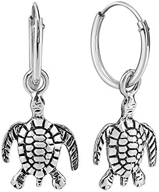 Charming Marine Turtle Sterling Silver Dangle Mini Hoop Earrings