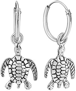 Charming Marine Turtle Sterling Silver Dangle Mini Hoop Earrings