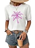 Dokotoo Women's Tropical Palm Tree Print Summer Short Sleeve Sweater for Women Beach Sweaters Boho Tops Casual Crew Neck Cruise Vacation Outfits Resort Wear Pullover Shirt White Sweaters X-Large
