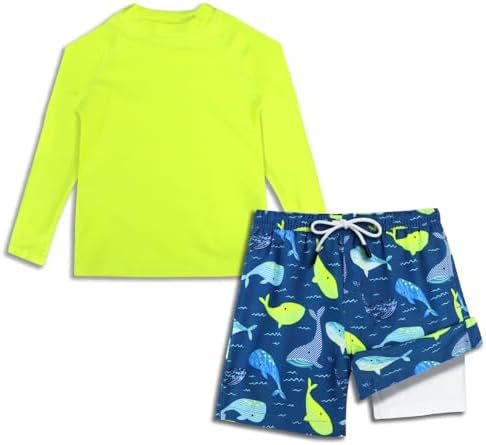 MILANKERR Boys Swim Trunks and Shirt Long Sleeve, Toddler Rash Guards Sets with Trunks with Compression Lined UPF 50+ Neno Green Size 3T