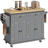 HOMCOM Kitchen Island on Wheels, Rolling Kitchen Storage Trolley with Rubber Wood Top, Drawers, Adjustable Shelves, Towel and Spice Rack for Dining Room, Grey
