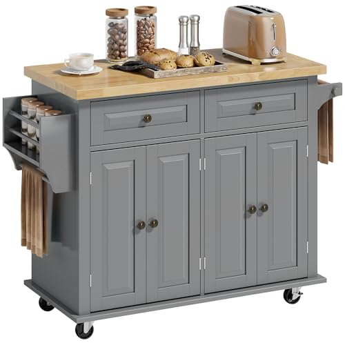 Homcom Isla De Cocina Con Ruedas Carro De Cocina Con 2 Cajones 4 Puertas Especiero Encimera De Madera Estante Ajustable Y Barra Lateral Para Comedor 111x44,5x82,5 Cm Gris