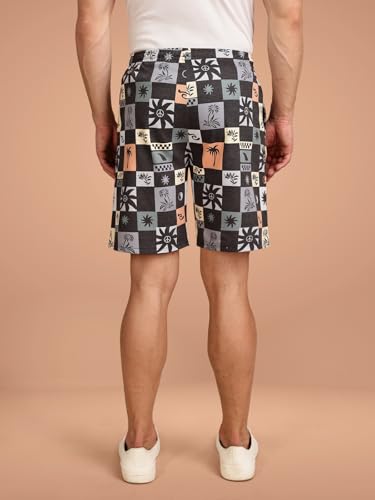 Image of BULLMER Regular Fit Cotton Blend Summer Shorts for Men - Pack of 2 | Printed Shorts for Men Blue /Beige