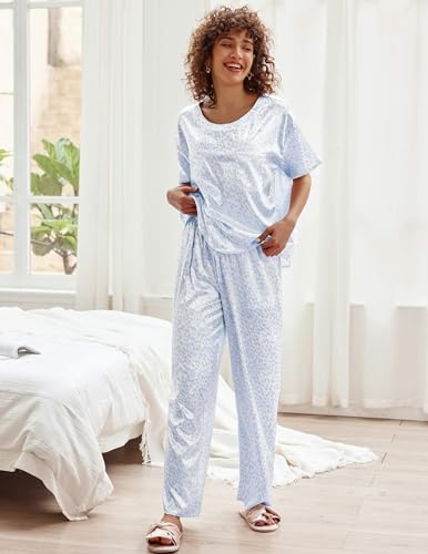 Image of Ekouaer Womens Satin Silky Pajama Set Short Sleeve Shirt with Long Pajama Pant Set Soft PJ Loungewear