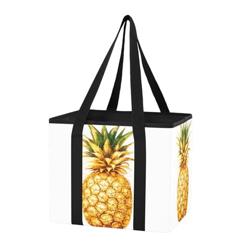 Quteprint Car Trunk Organizer, Golden Tropical Pineapple 600D Oxford Foldable Storage Bag with Handles, 13.0x10.8x10.2in, Portable Collapsible Container for Groceries, Kitchen, Picnic & Travel