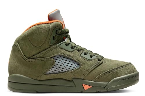 NIKE Preschool Air Jordan 5 Retro 'Olive' Army Olive/Solar Orange (440889 308) PS Little Kids Shoe, White/Gym Red-black