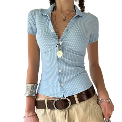 Image of Y2k Girls Vintage Coquette Button Down Shirt Women Short Sleeve V-Neck Slim Fitted T-Shirt Cute Blouse Crop Top