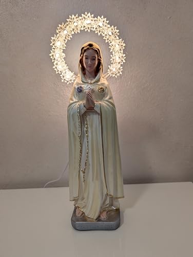 OVUNQUE PROTEGGIMI Estatua de Virgen Rosa Mística de yeso nacarado, 30 cm, con halo luminoso, figura de María Rosa Mística de Montichiari con luz, pintada a mano, para interiores.