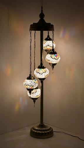 GOGERS Turkish Moroccan Floor Lamp 5 Big Mosaic Glass Globes Vintage Bohemian Tiffany Style Decorative DIY Floor Lamp Kit (White Colorful)