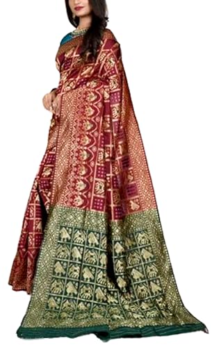 Women`s Patola Bandhani Silk Sarees Traditional Jacquard Design with Contrast Blouse Piece - Red Green
