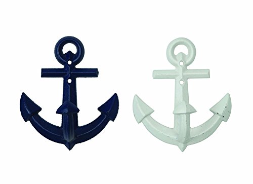 Set of Two Nautical Metal Anchor Wall Hooks -Navy Blue and White