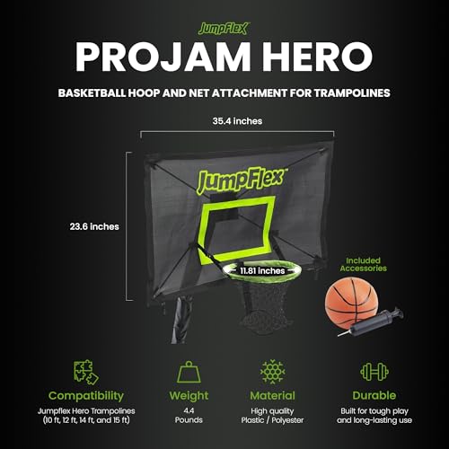 Jumpflex PROJAM Portable Basketball Hoop & Net with Ball – Adjustable Attachment for Hero Model Trampolines, Outdoor Sports Accessory for Family Fun & Backyard Play