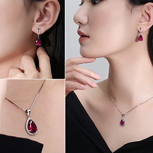 Jiangxin Teardrop Pigeon Blood Red Ruby Birthstone 925 Sterling Silver White Gold Plated Gemstone Jewelry Set For Women Stud Earring Pendant Necklace 16~18Inch Italian Box Chain #TOP2