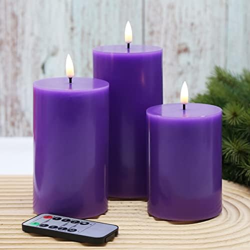 Girimax Purple Flameless Pillar Candles with Remote, Real Wax Flickering Battery Operated LED Candles Φ 3" H 4" 5" 6"