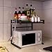 Metal Microwave Oven Rack Toaster Stand Shelf Expandable Kitchen Supplies Tableware Storage Counter Space Saver Cabinet Organizer Spice Holder with 3 Hooks, 60lbs Weight Capacity Black Stainless Steel