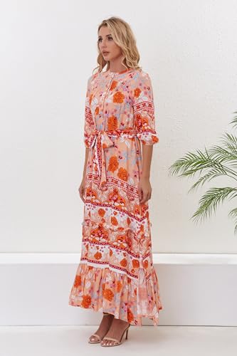 Image of Women Boho High-Waist Floral Print Maxi Dress 3 /4 Sleeve Casual | Soft Rayon, Breathable, Quick-Dry. High-Waist with Adjustable Belt, Flattering Hem. Ideal for Beach, Work & Dating.