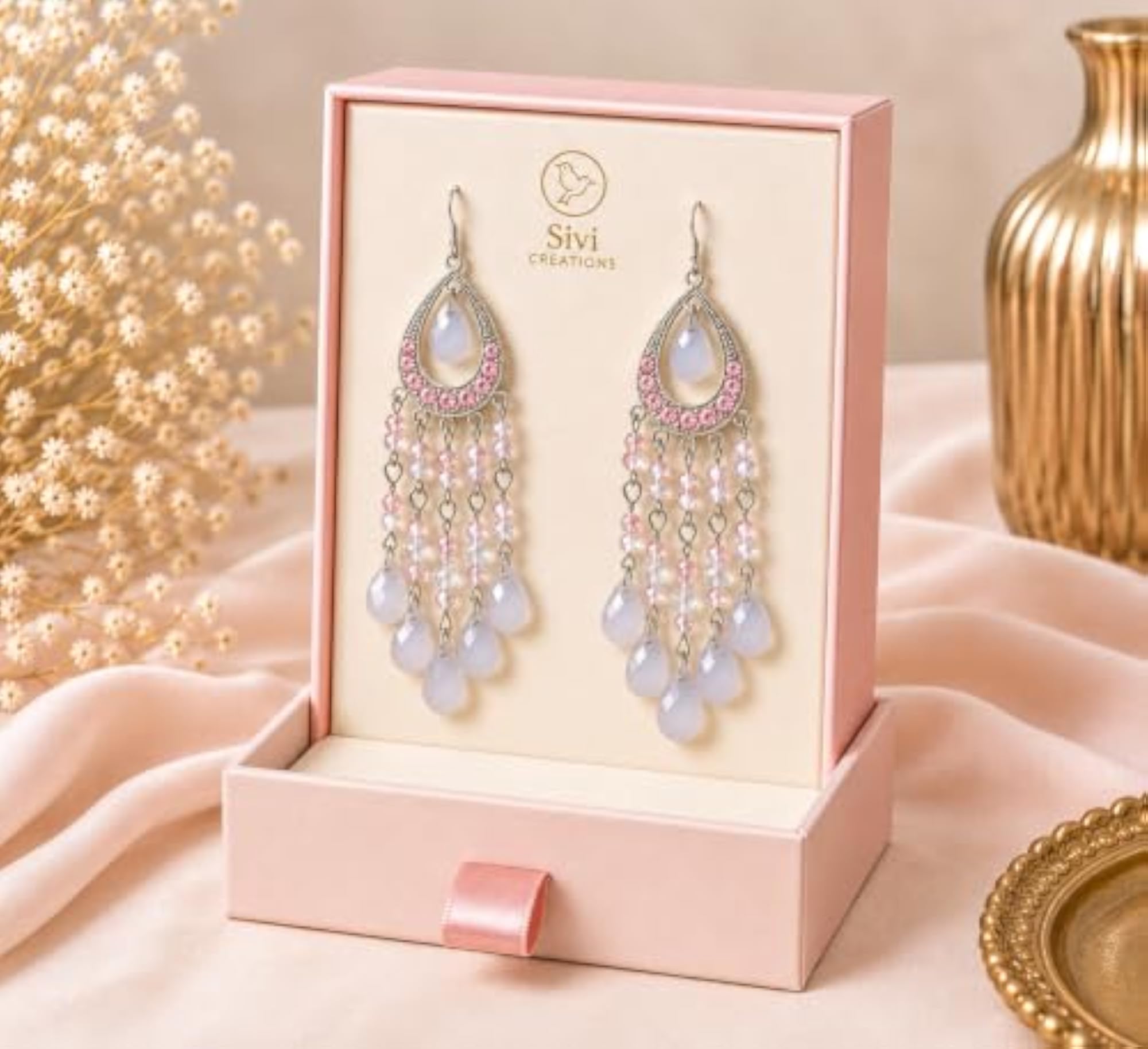 Women's White Pink Beaded Long Dangle Jhumka Earrings
