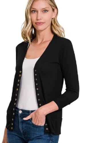 Zenana Cardigan à boutons pression à manches 3/4 (de S à 3X), noir, Taille S