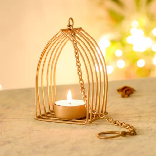 DesiFavors Hanging Metal Diya for Diwali | Modern Minimalistic Decorations | Candle Metal Diya Holder India Festivals, Diwali, Wedding, Housewarming, Pooja | Gold - 2.7x2.7x4.7 Inch (Pack of 2)