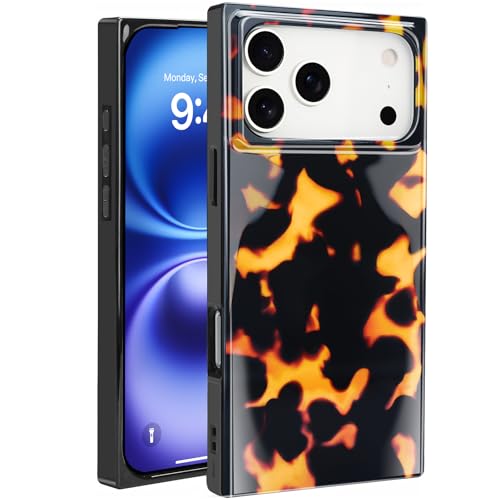Omorro Compatible with Rectangle iPhone 17 Pro Max Case for Women Girls Bling Glossy Leopard Tortoise Shell Pattern Luxury Amber Edge Flexible Soft Protective Cover Girly