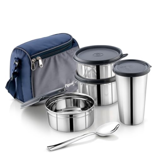 Image of Pigeon Vibe Stainless Steel Lunch Carrier Set of 3 Containers (250ml, 350ml & 500ml) with Leak Proof Lid | Insulated Lunch Bag + Glass with Lid Included | Office & School Tiffin Box