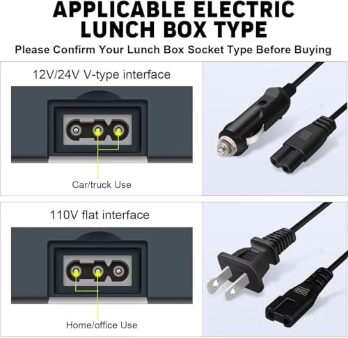tuhood Electric Lunch Box Power Cord, 12V/24V (for car Trucks), 110V (for Home Office outlets), 32-inch Heated Lunch Box Use, Portable Food Warmer Replacement Power Cable