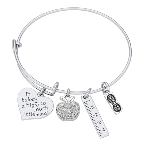 Infinity Collection Teacher Bracelet – Silver Charm Bangle with Heart, Crystal Apple, Ruler, and “It Takes a Big Heart to Teach Little Minds” – Thank You Gift for Teachers