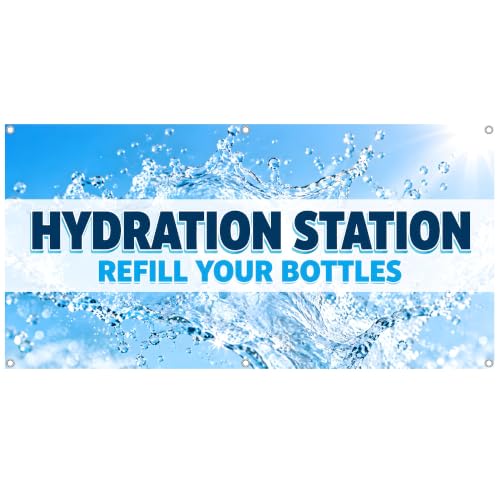Hydration Station Refill Your Bottles Banner - Water Dispenser Sign - Gym Park School Fitness Center Concession Stand Decor - Hemmed and Grommeted - UV Resistant - Made In The USA