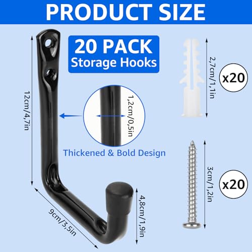 AKOLAFE 20 Stück Wandhaken Garage Schwarz 120x 90 mm Garage Leiterhaken Schwerlast 20kg Robust Wandhaken zum Schrauben Einhängende J Haken für Leiter, klappstuhl, Fahrrad