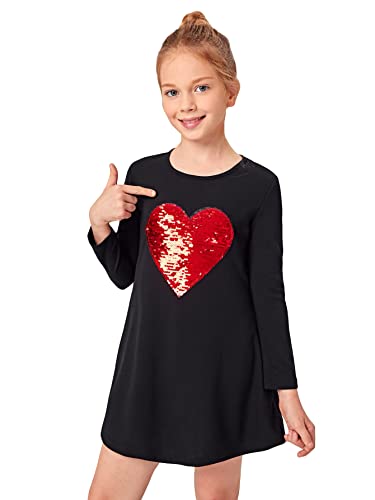 Soly Hux Girl's Long Sleeve Dress Heart Sequin A-Line Mini Dress Casual Tunic T Shirt Dresses Black Graphic 11-12Y #TOP4