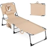 Goplus Tanning Chair, Folding Adjustable Patio Lounge Chair with Face Hole,...