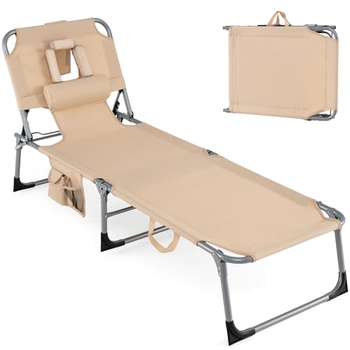 Goplus Tanning Chair, Folding Adjustable Patio Lounge Chair with Face Hole, Removable Pillow, 330LBS, Carry Strap, Outdoor Sunbathing Chair, Lightweight Portable Beach Lounge Chair (1, Beige)