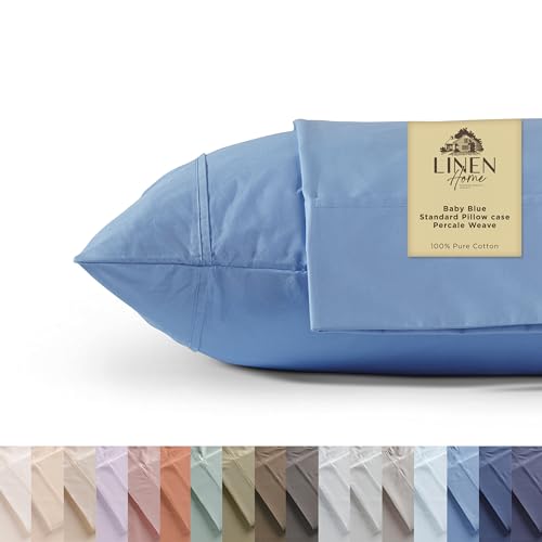 Linen Home 100% Cotton Percale Pillowcases Set 2 Baby Blue