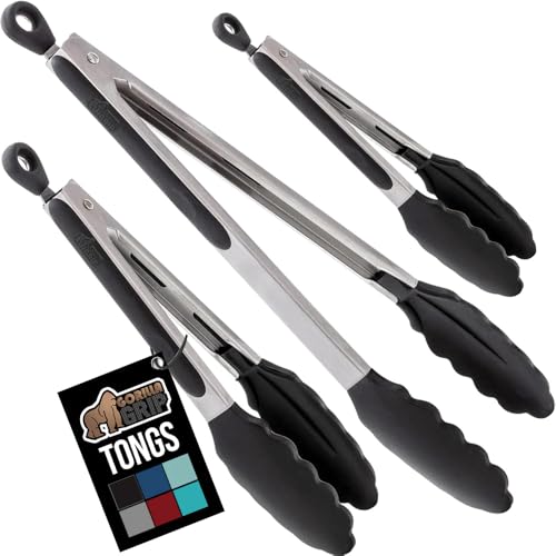 Image of GORILLA GRIP Stainless Steel Heat Resistant Kitchen Tongs for Cooking, 7 + 9 + 12 Inch Set of 3 BBQ Tong, Non Scratch Silicone Tip for Pans, Strong Grip, Grab Food, Toss Salad, Pull Lock, Black