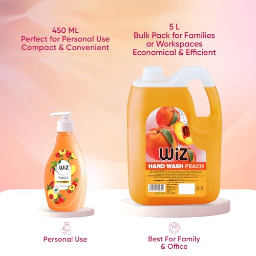 Image of Wiz Peach Handwash Liquid Soap Dispenser Bottle - 450ml (Pack of 4)| Germ Protection | Hand Wash with Added pH-Balanced & Moisturizers for Soft & Gentle Hands | Suitable for all Skin Types
