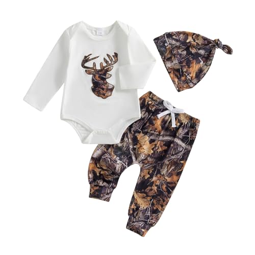 Image of DSOKUHIB Newborn Baby Boy Hunting Outfit Deer Mallard Duck Romper Jungle Camo Pants Set Hat 3 Piece Fall Winter Clothes