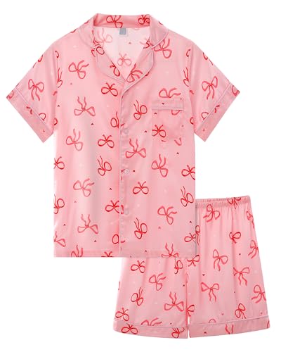KAKU NANU Girls Pyjamas Satin Short Pyjamas for Girls Pink Summer Pjs Set 11 12 Years