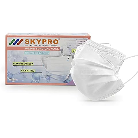 SKYPRO 50PCS Medical Grade ASTM Level 1 Standard 3-Ply Kids White/Blue Disposable Face Mask Protective PPE (1, White) Cover