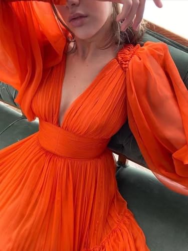 Women’s Deep V Neck Formal Evening Gowns Long Puffy Sleeve Prom Dress Tulle Maxi Wedding Guest Dress 20254