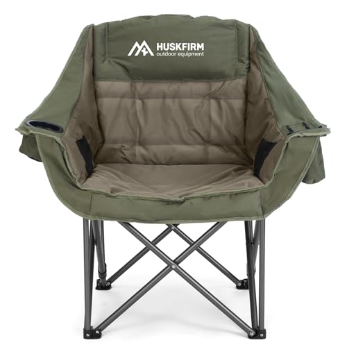 Huskfirm Oversized Camping Chair Padded Camping Chairs Heavy-Duty Foldable Camping Chairs with Cup Holder and Cooler Bag Portable Lawn Chair for Sports Outdoors-Support 450LBS, Green