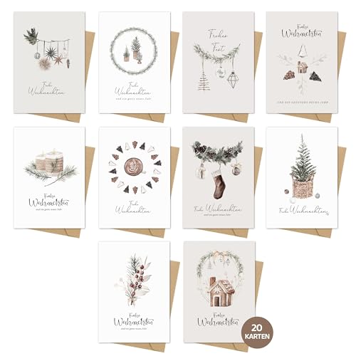 Weihnachtskarten Set – 20 Klappkarten A6 mit Umschlägen, 10 Motive je 2, Weihnachtliche Grußkarten für Familie, Freunde & Kollegen, Frohe Weihnachten Karten