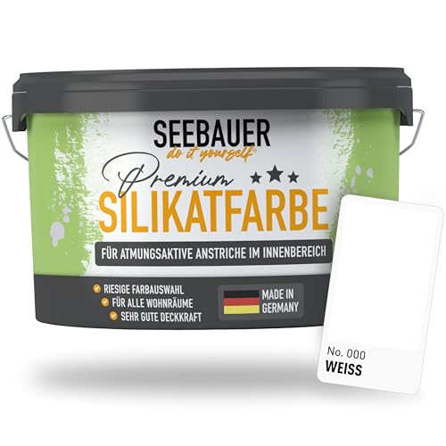 SEEBAUER diy Silikatfarbe Weiß 10L für Innen (No. 000 Weiß) Atmungsaktive Mineralfarbe für Allergiker - Abwaschbare Wandfarbe - Farbtöne hohe Deckkraft