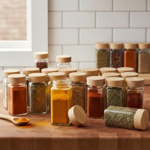 Image of WHISKET - 100 Ml Multipurpose Spice Jars Set With Bamboo Lids | Square Spice Jars Set| Moisture-Resistant Masala, Herbs & Seasonings Storage Containers.(10)